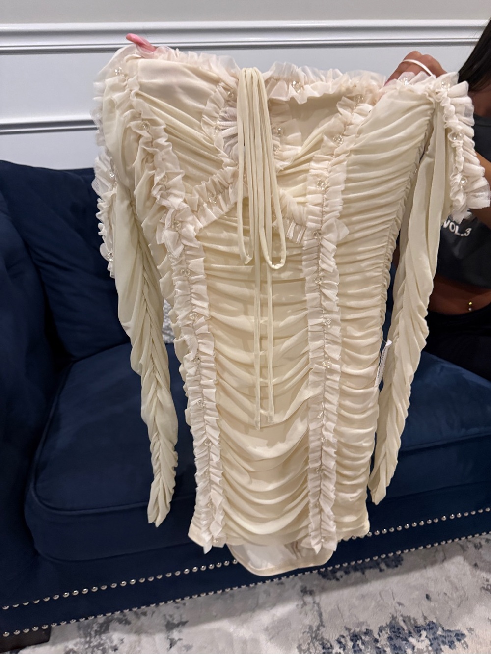 Privy Cream Ruched Long Sleeve Ruffle Dress